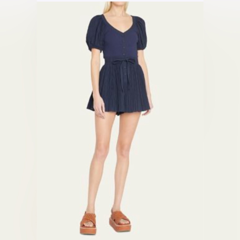 NWT Ulla Johnson Vinny Pleated Puff-Sleeve Playsuit with Belt - Navy